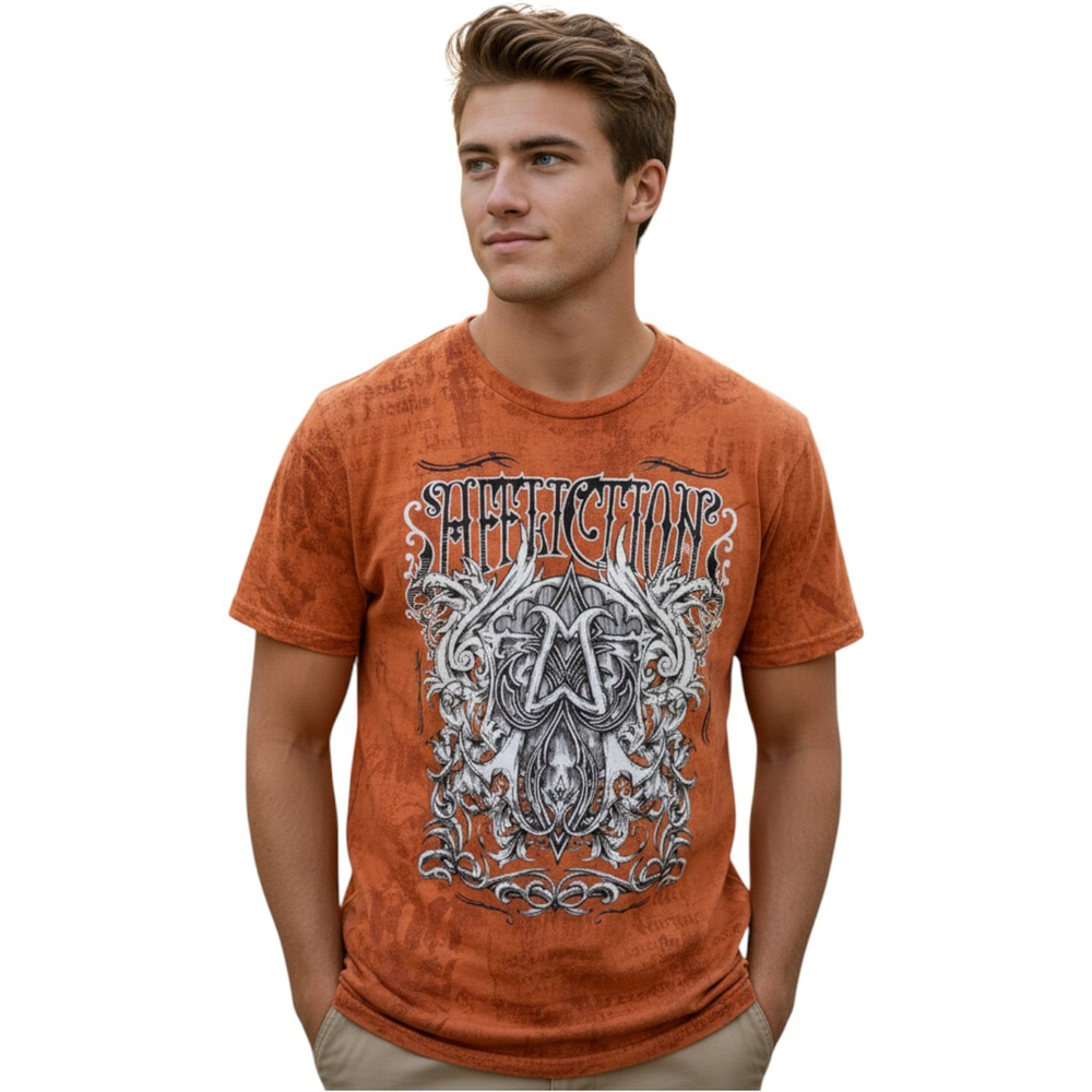 VTG Affliction Y2K Tribal Graphic T-Shirt XL Orange Grunge Gothic Streetwear USA